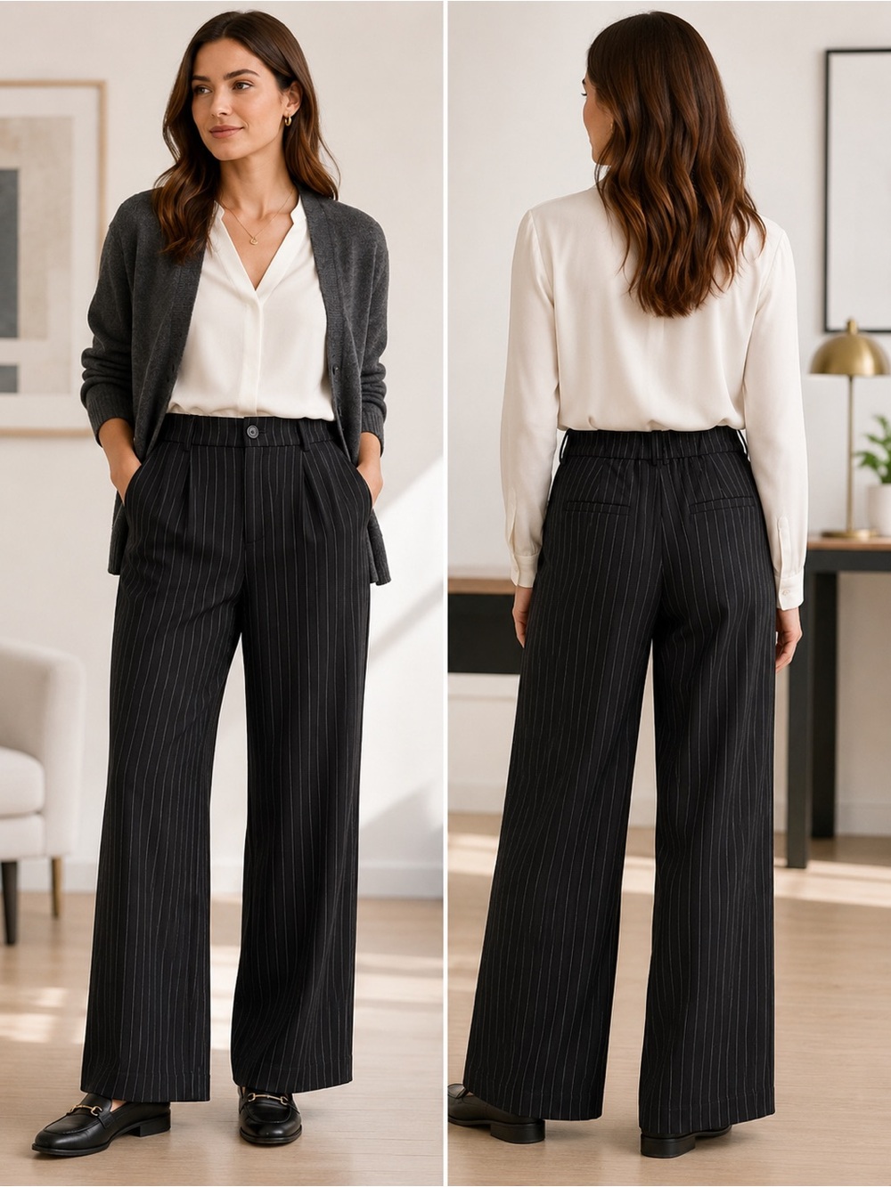 AQUA Black Pinstripe Pleated Wide Leg Trousers Career Core